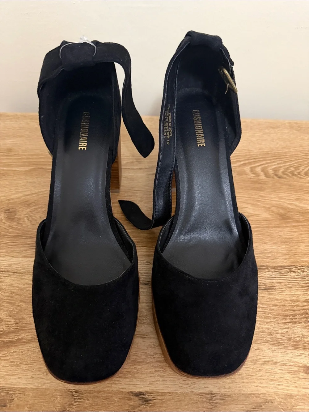 Black Suede Platform Block Heels with Ankle Wrap